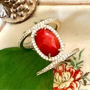 HENRI BENDEL Double Band Luxe Pave Asscher Harness Ring Red Gold Crystal Ring 7